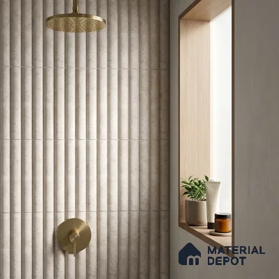 Japandi Bathroom with Matte Beige Fluted 3D Stone-Look Tile