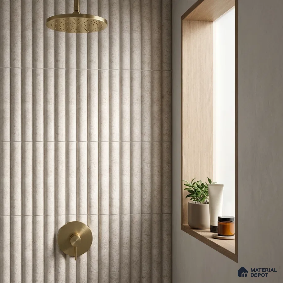 Japandi Bathroom with Matte Beige Fluted 3D Stone-Look Tile