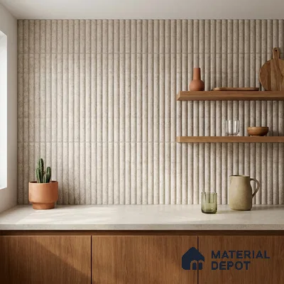 Japandi Kitchen with Matte Beige Fluted 3D Stone-Look Tile and Oak Cabinets