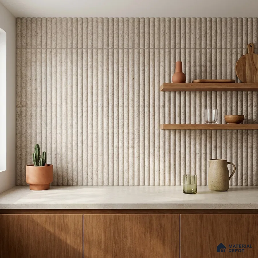 Japandi Kitchen with Matte Beige Fluted 3D Stone-Look Tile and Oak Cabinets