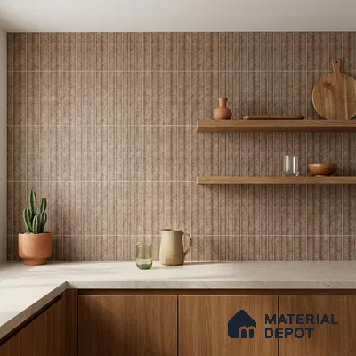 Japandi Kitchen with Matte Brown Fluted 3D Stone-Look Tile and Walnut Cabinets