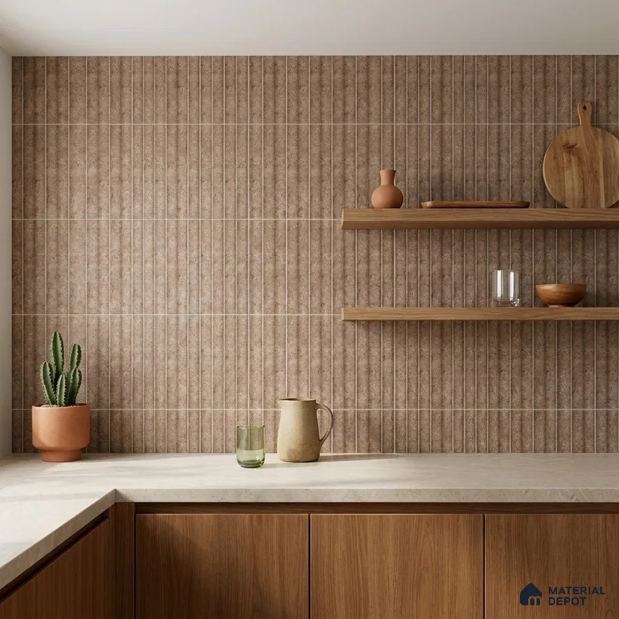 Japandi Kitchen with Matte Brown Fluted 3D Stone-Look Tile and Walnut Cabinets