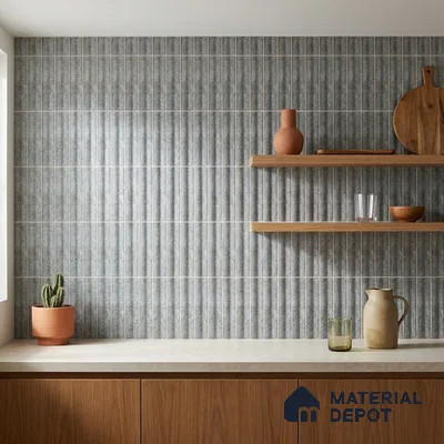 Japandi Kitchen with Matte Blue Grey Fluted 3D Stone-Look Tile and Walnut Cabinets