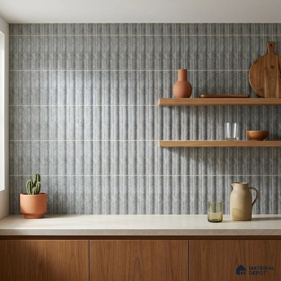 Japandi Kitchen with Matte Blue Grey Fluted 3D Stone-Look Tile and Walnut Cabinets