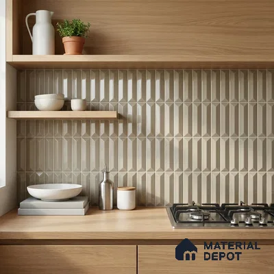 Modern Kitchen with Greige Glossy Picket Backsplash Tile and Oak Cabinets
