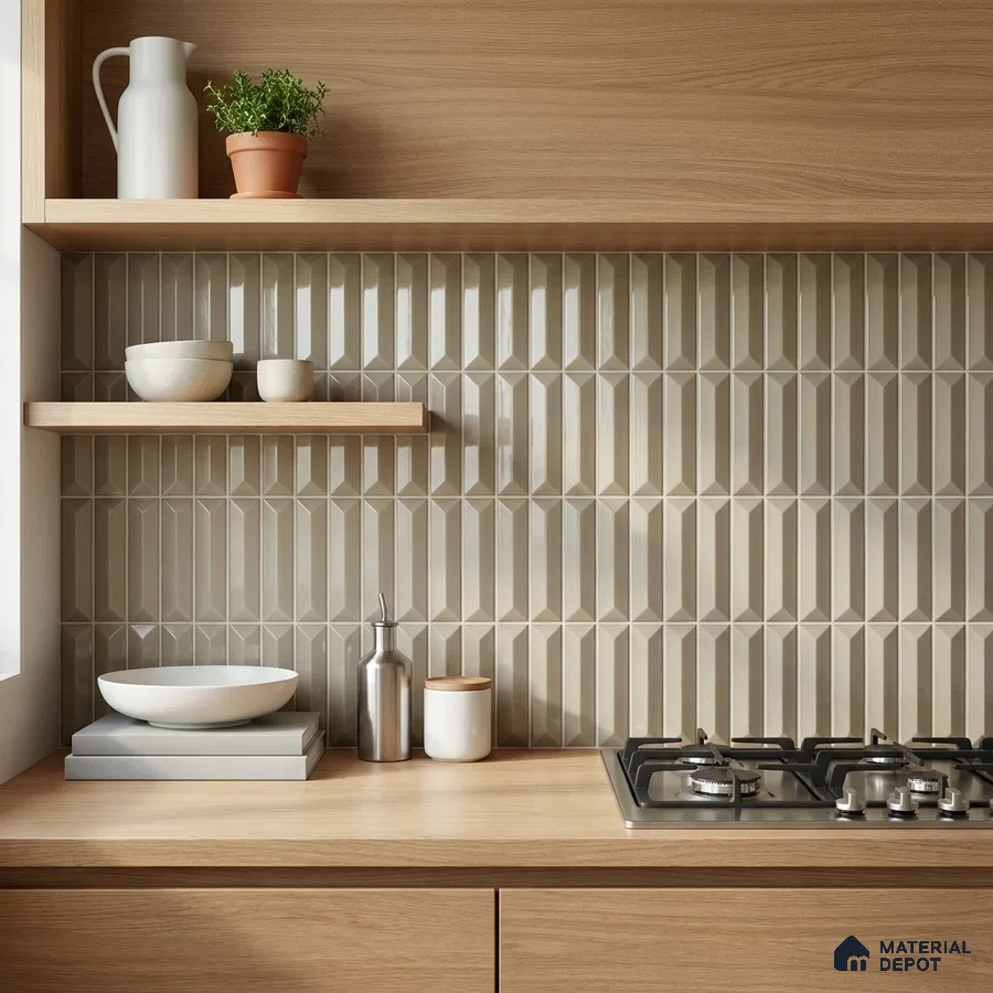 Modern Kitchen with Greige Glossy Picket Backsplash Tile and Oak Cabinets