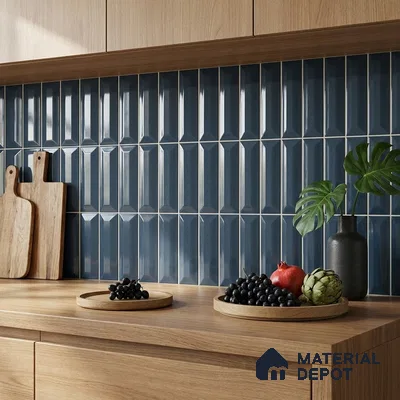 Modern Kitchen with Navy Blue Glossy Picket Backsplash Tile and Oak Cabinets