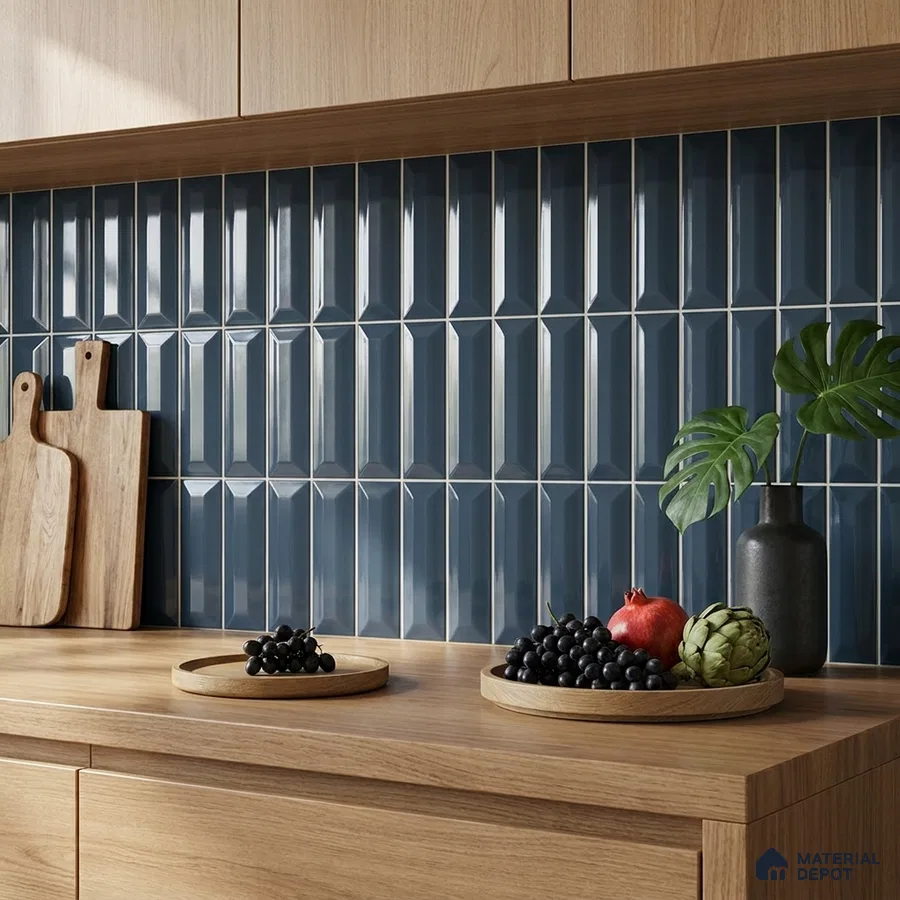 Modern Kitchen with Navy Blue Glossy Picket Backsplash Tile and Oak Cabinets