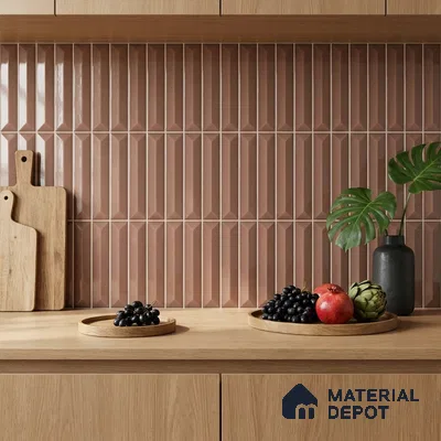 Modern Kitchen with Dusty Rose Glossy Picket Backsplash Tile and Oak Cabinets