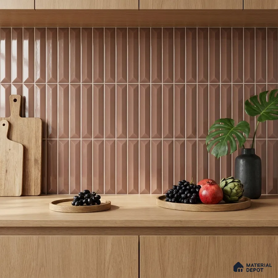 Modern Kitchen with Dusty Rose Glossy Picket Backsplash Tile and Oak Cabinets