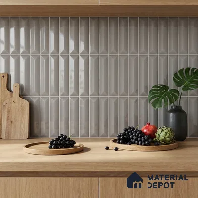Modern Kitchen with Light Grey Glossy Picket Backsplash Tile and Oak Cabinets