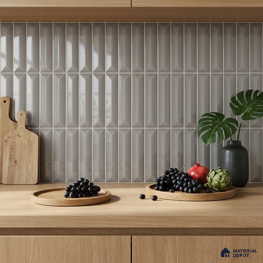 Modern Kitchen with Light Grey Glossy Picket Backsplash Tile and Oak Cabinets