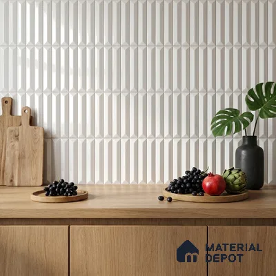 Modern Kitchen with White Glossy Picket Backsplash Tile and Oak Cabinets