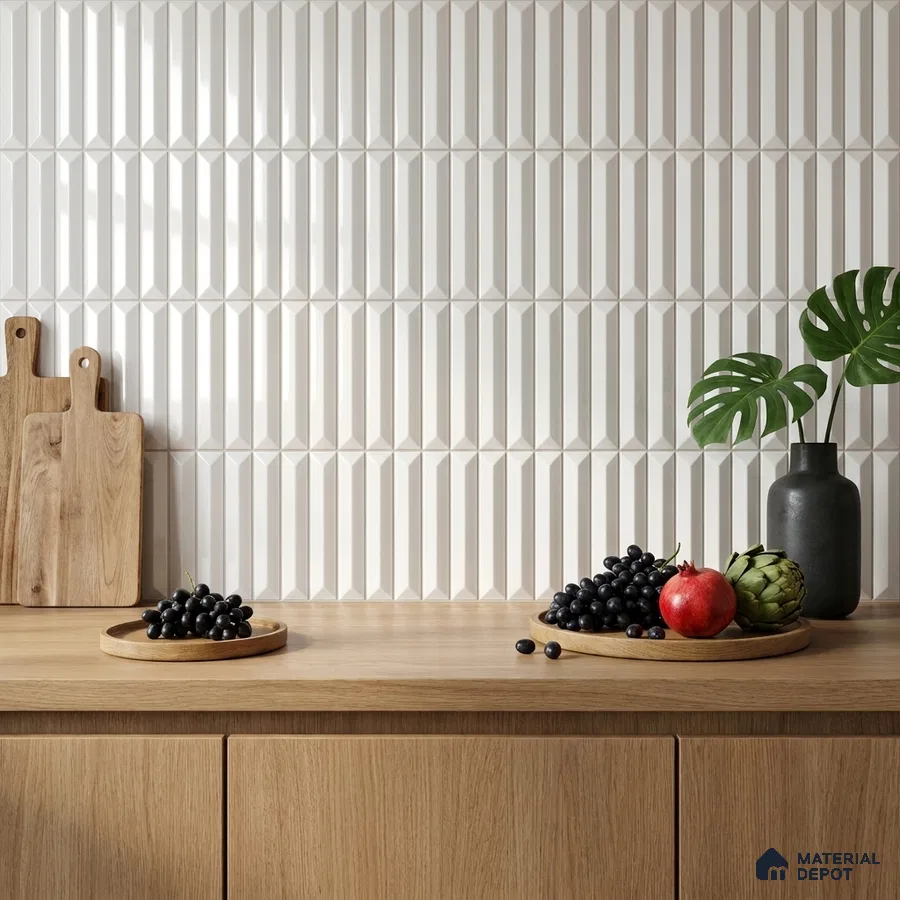 Modern Kitchen with White Glossy Picket Backsplash Tile and Oak Cabinets
