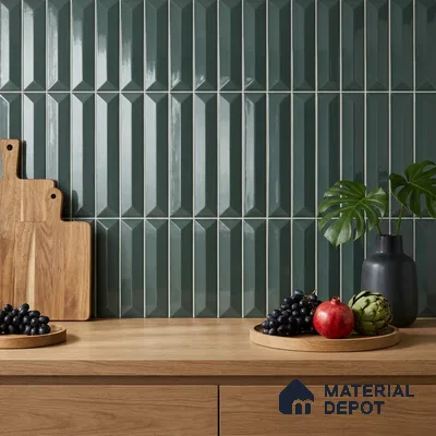 Modern Kitchen with Forest Green Glossy Picket Backsplash Tile and Oak Cabinets