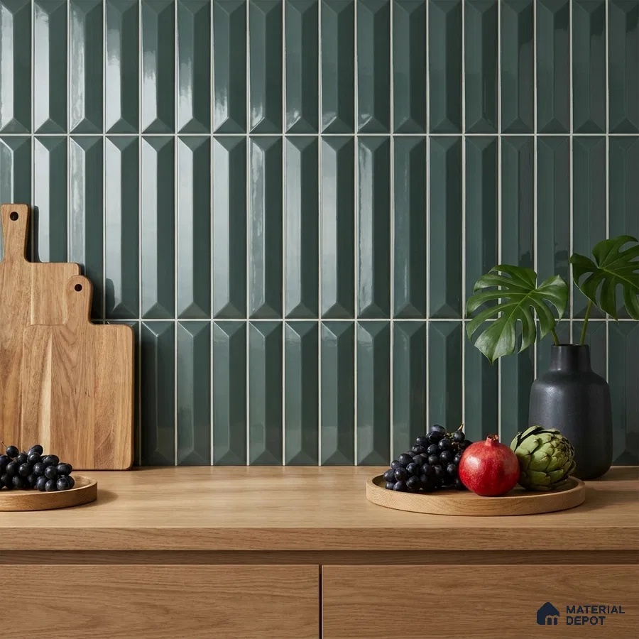 Modern Kitchen with Forest Green Glossy Picket Backsplash Tile and Oak Cabinets