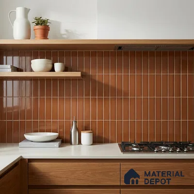 Modern Kitchen with Terracotta Brown Glossy Stacked Tile and Walnut Cabinets