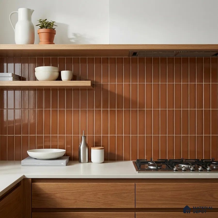 Modern Kitchen with Terracotta Brown Glossy Stacked Tile and Walnut Cabinets