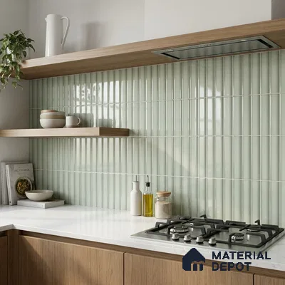 Modern Kitchen with Sage Green Glossy Stacked Tile and Oak Cabinets