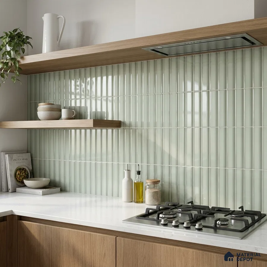 Modern Kitchen with Sage Green Glossy Stacked Tile and Oak Cabinets