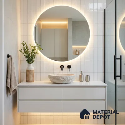 Modern Bathroom with White Glossy Stacked Wall Tile and Round Backlit Mirror