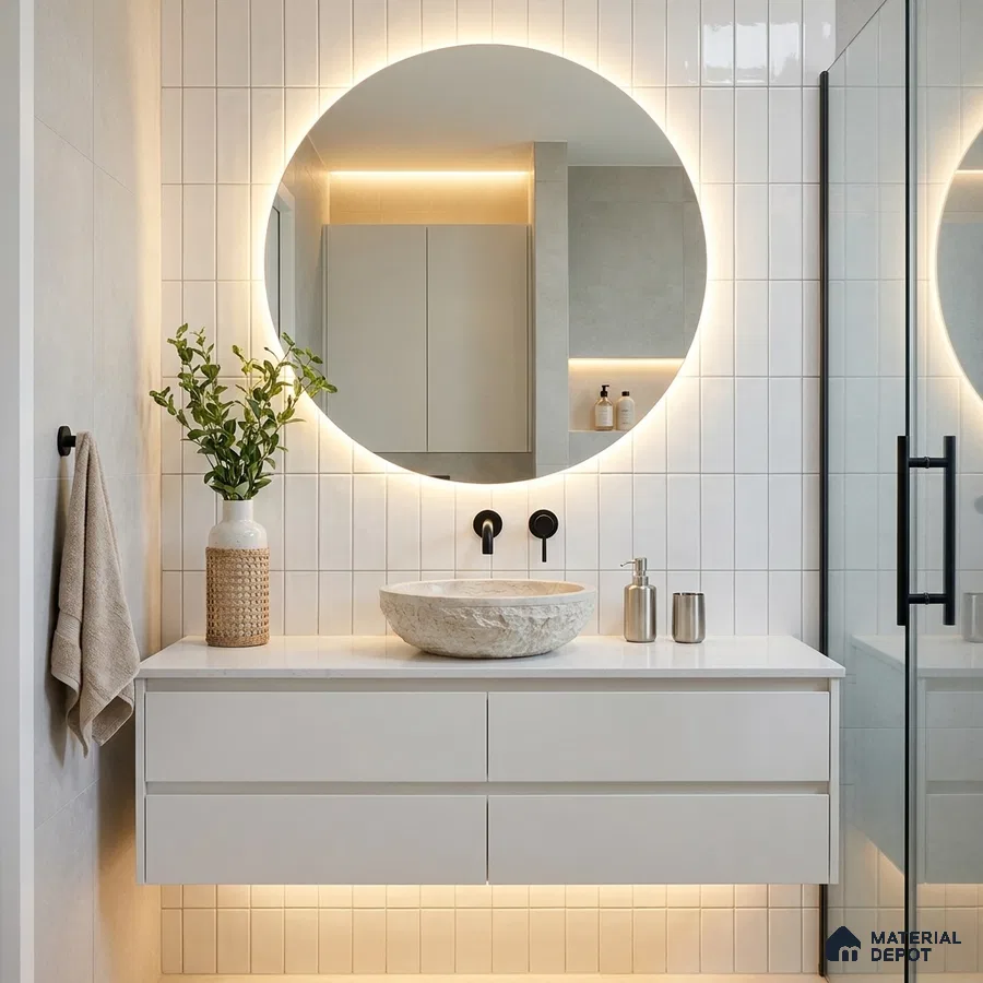 Modern Bathroom with White Glossy Stacked Wall Tile and Round Backlit Mirror