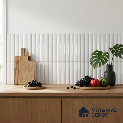 Modern Kitchen with White Glossy Fluted Backsplash Tile and Oak Cabinets