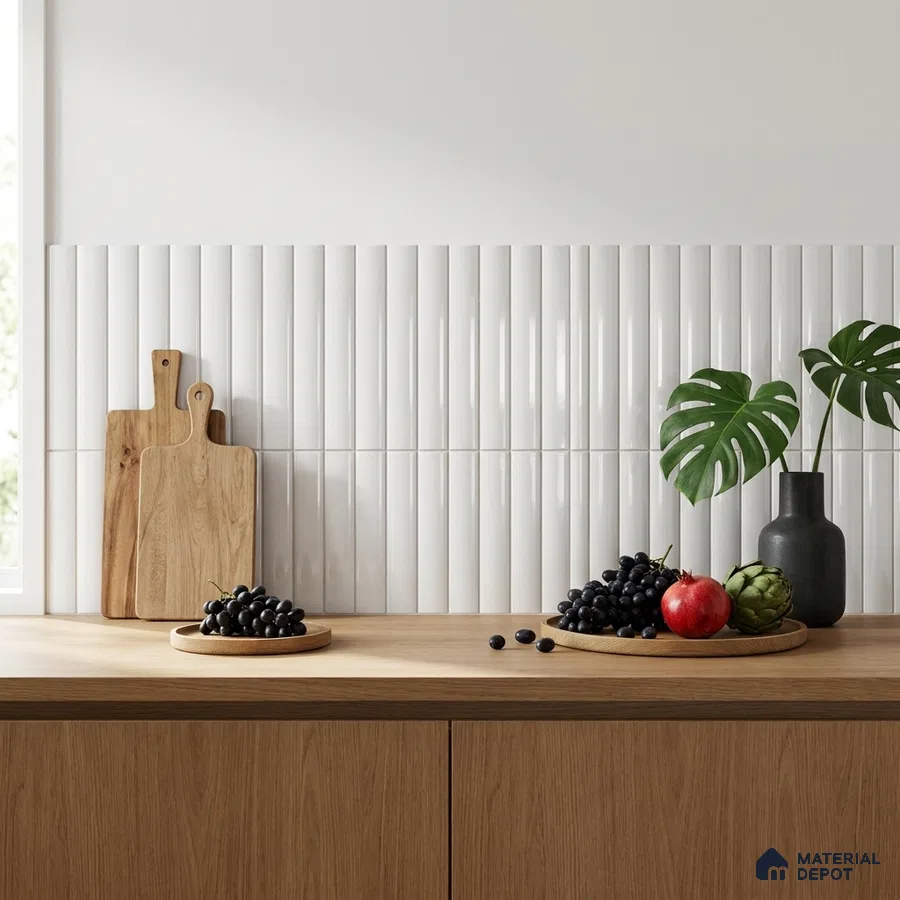Modern Kitchen with White Glossy Fluted Backsplash Tile and Oak Cabinets
