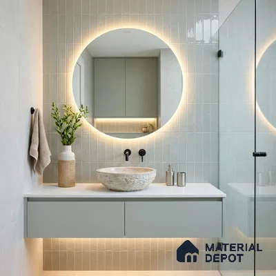 Modern Bathroom with Pale Sage Glossy Stacked Wall Tile and Round Backlit Mirror