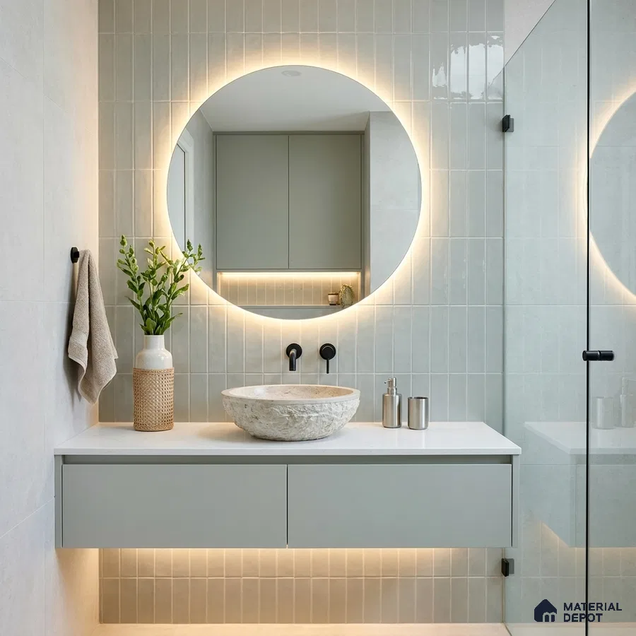 Modern Bathroom with Pale Sage Glossy Stacked Wall Tile and Round Backlit Mirror