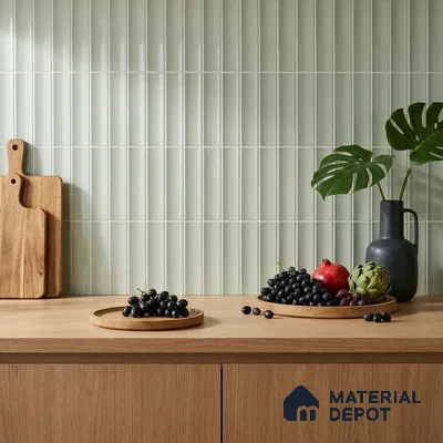 Modern Kitchen with Sage Green Glossy Stacked Tile and Oak Cabinets
