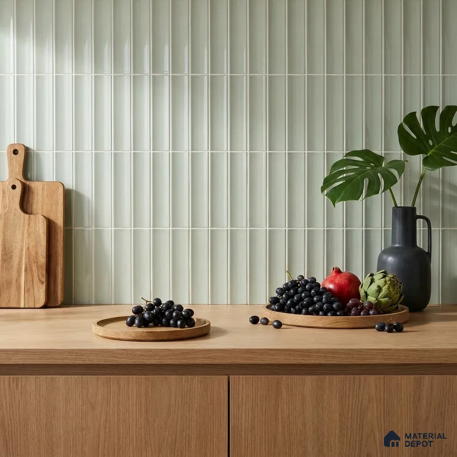 Modern Kitchen with Sage Green Glossy Stacked Tile and Oak Cabinets