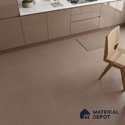 Modern kitchen with glossy taupe laminate cabinets, white marble-look countertop, and matte brown floor tiles