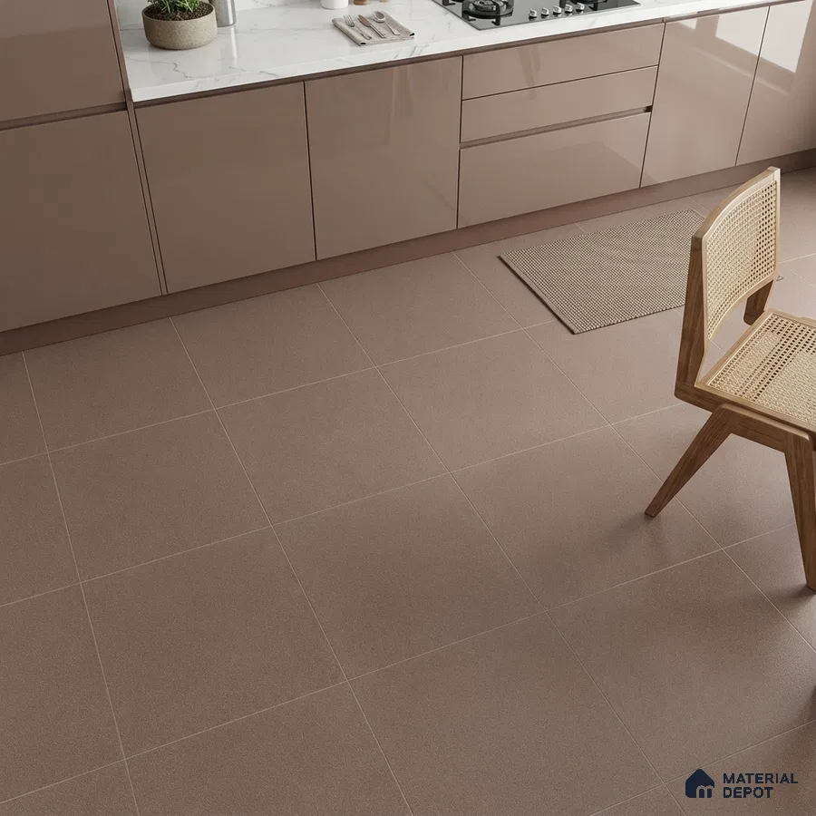 Modern kitchen with glossy taupe laminate cabinets, white marble-look countertop, and matte brown floor tiles