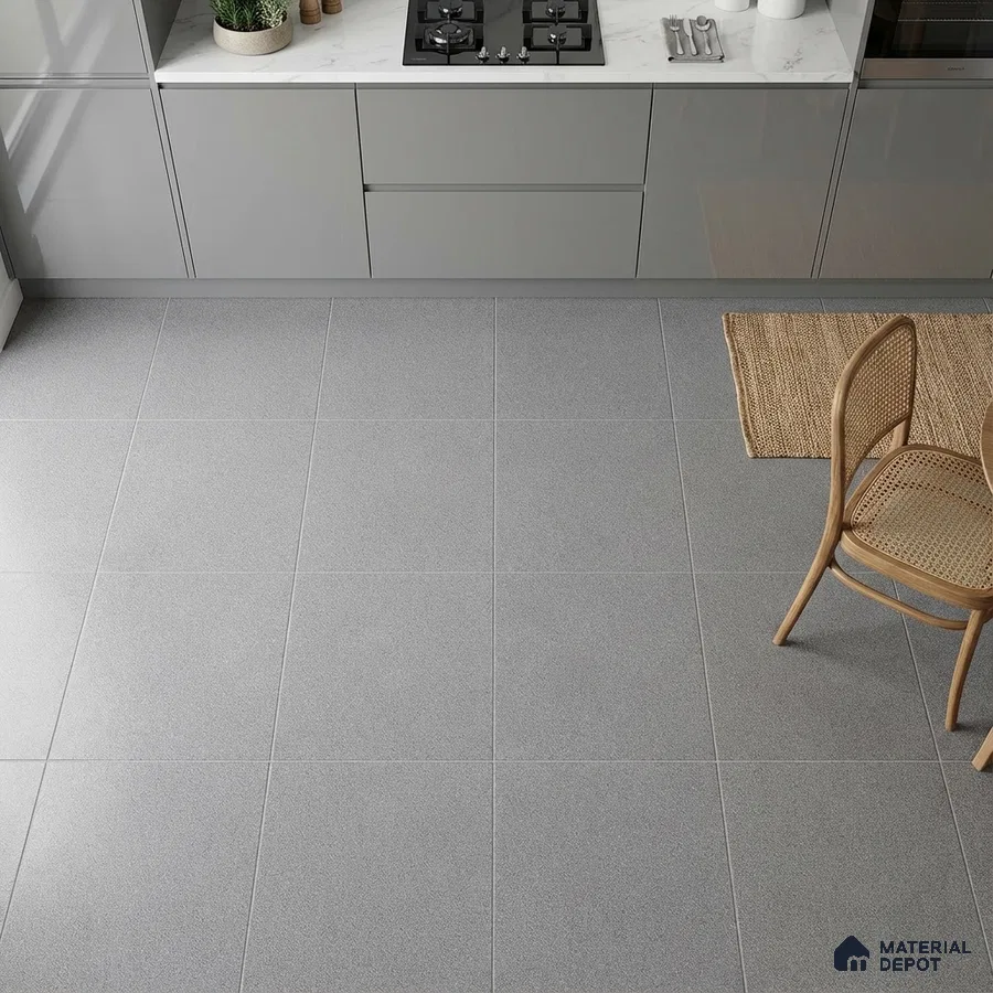 Modern kitchen with grey matte laminate cabinets, white marble countertop, and light grey matte floor tiles