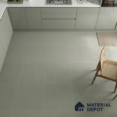 Minimalist kitchen with sage green laminate cabinets and white marble countertop