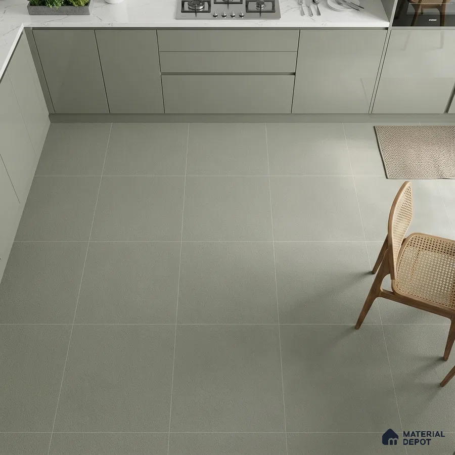Minimalist kitchen with sage green laminate cabinets and white marble countertop