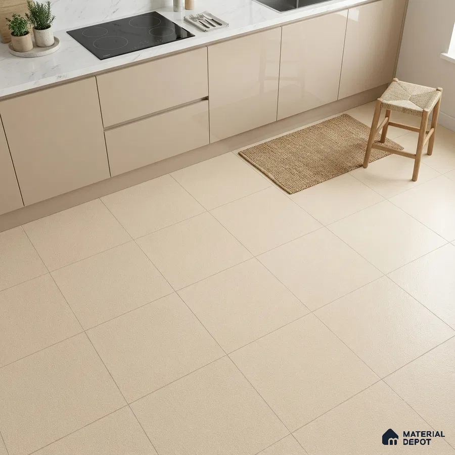 Modern kitchen with beige high gloss laminate cabinets, white marble countertop, and cream matte floor tiles