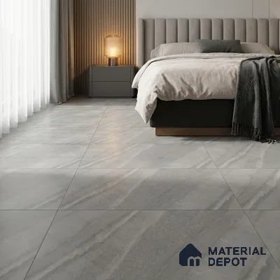 Modern Bedroom with Grey Marble-Look Matte Floor Tile