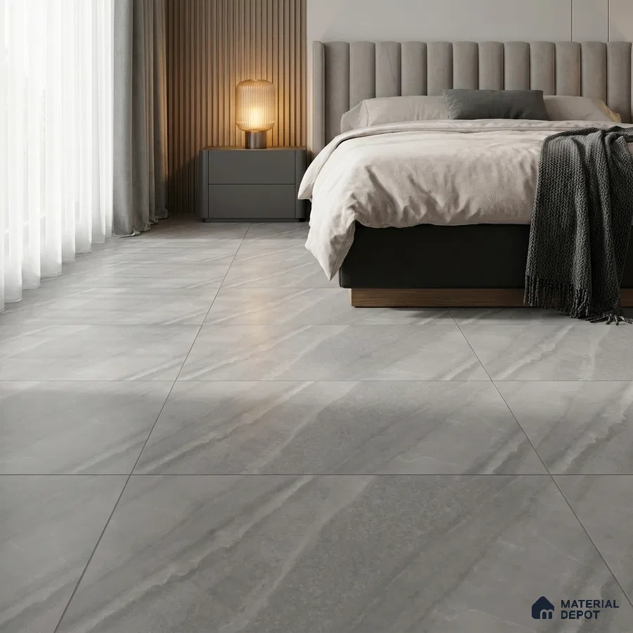 Modern Bedroom with Grey Marble-Look Matte Floor Tile