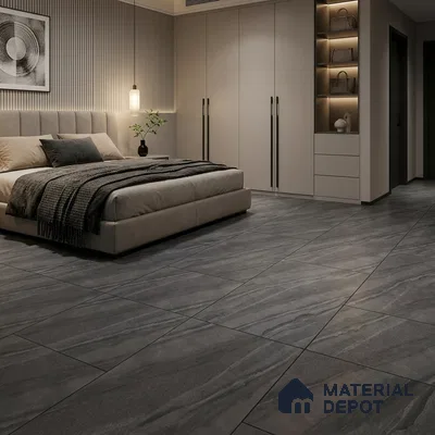 Modern Bedroom with Charcoal Grey Marble-Look Matte Floor Tile