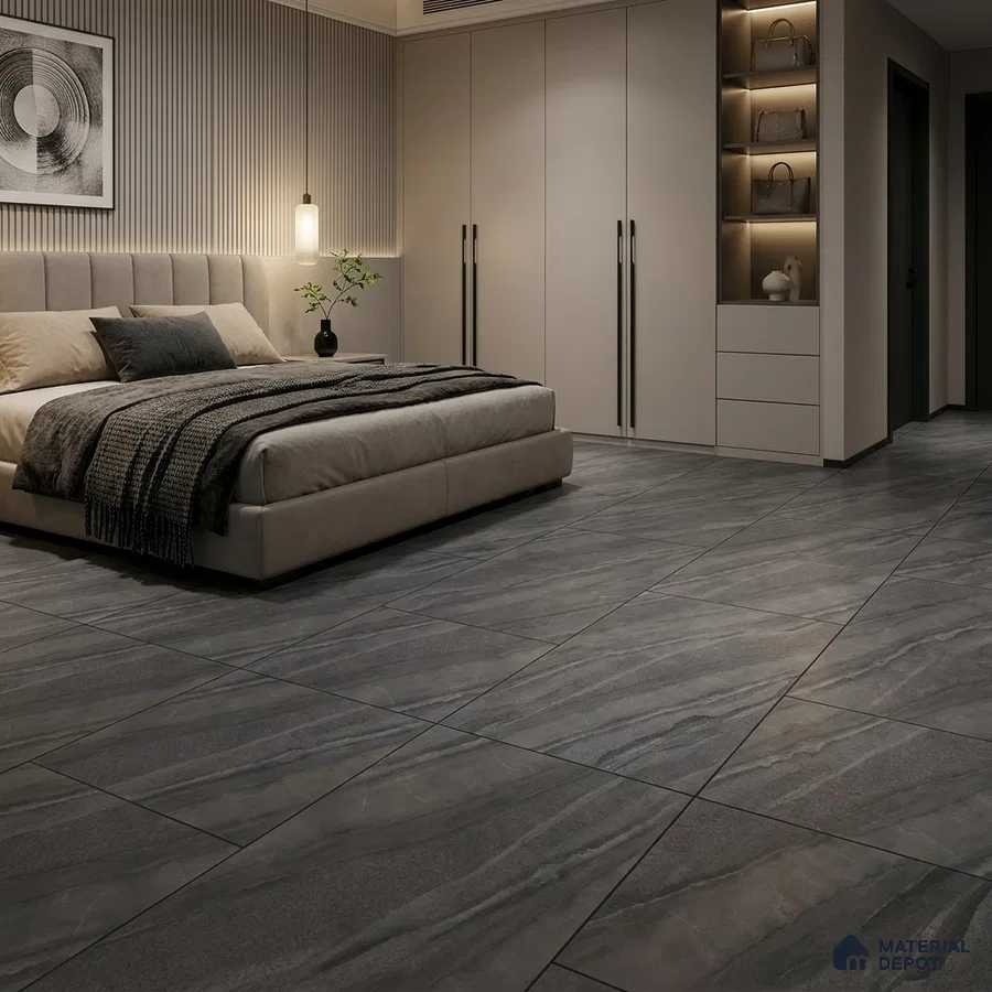Modern Bedroom with Charcoal Grey Marble-Look Matte Floor Tile