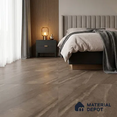 Modern Bedroom with Warm Brown Marble-Look Matte Floor Tile