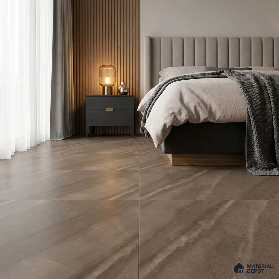 Modern Bedroom with Warm Brown Marble-Look Matte Floor Tile