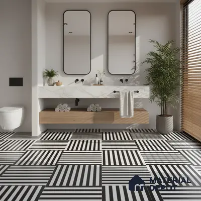Modern bathroom with marble-look vanity, oak wood laminate, and black-and-white geometric floor tiles