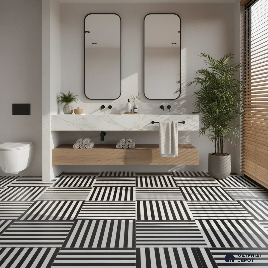Modern bathroom with marble-look vanity, oak wood laminate, and black-and-white geometric floor tiles