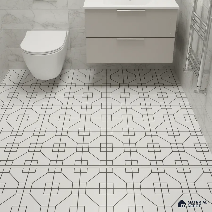 Modern bathroom with marble wall tiles and geometric patterned black-and-white floor tiles