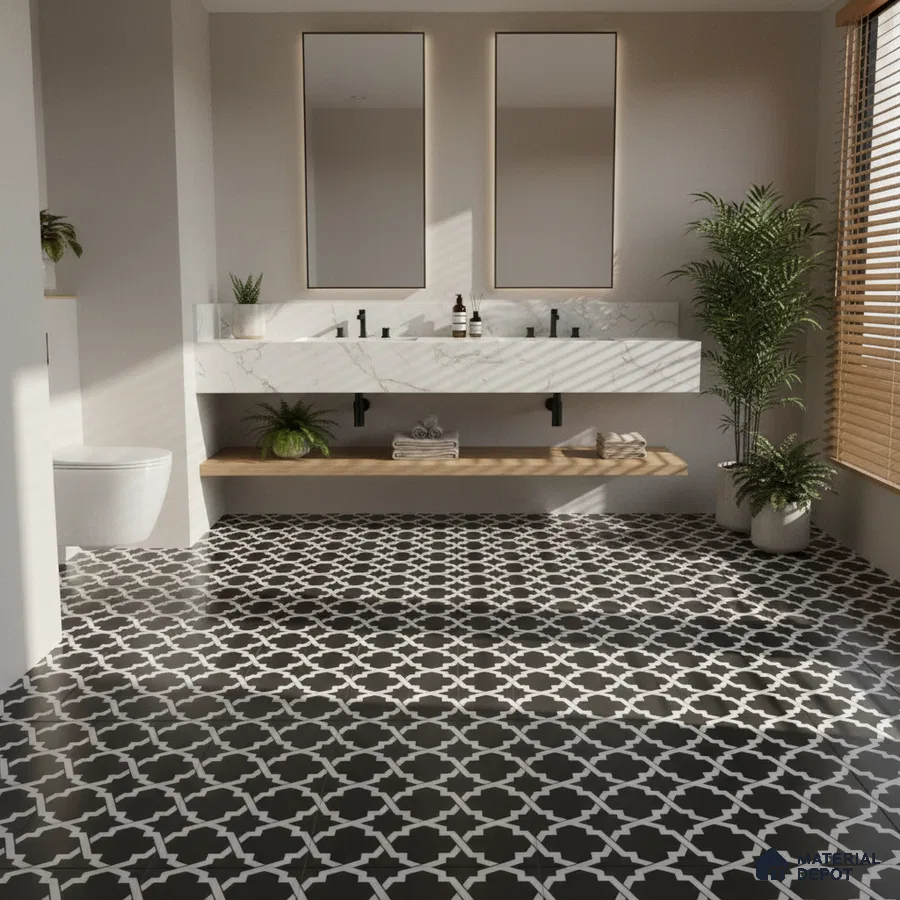 Modern bathroom with marble-look vanity and black-and-white geometric patterned floor tiles