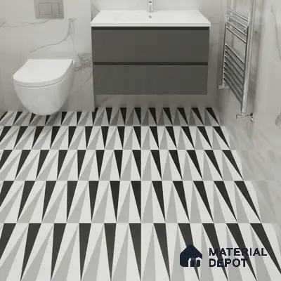 Modern bathroom with geometric black-and-white floor tiles and marble-look wall tiles