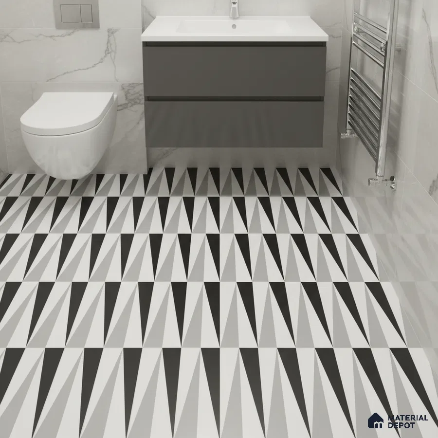 Modern bathroom with geometric black-and-white floor tiles and marble-look wall tiles